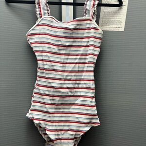 White, Blue, and Red Striped Bodysuit with Adjustable Straps